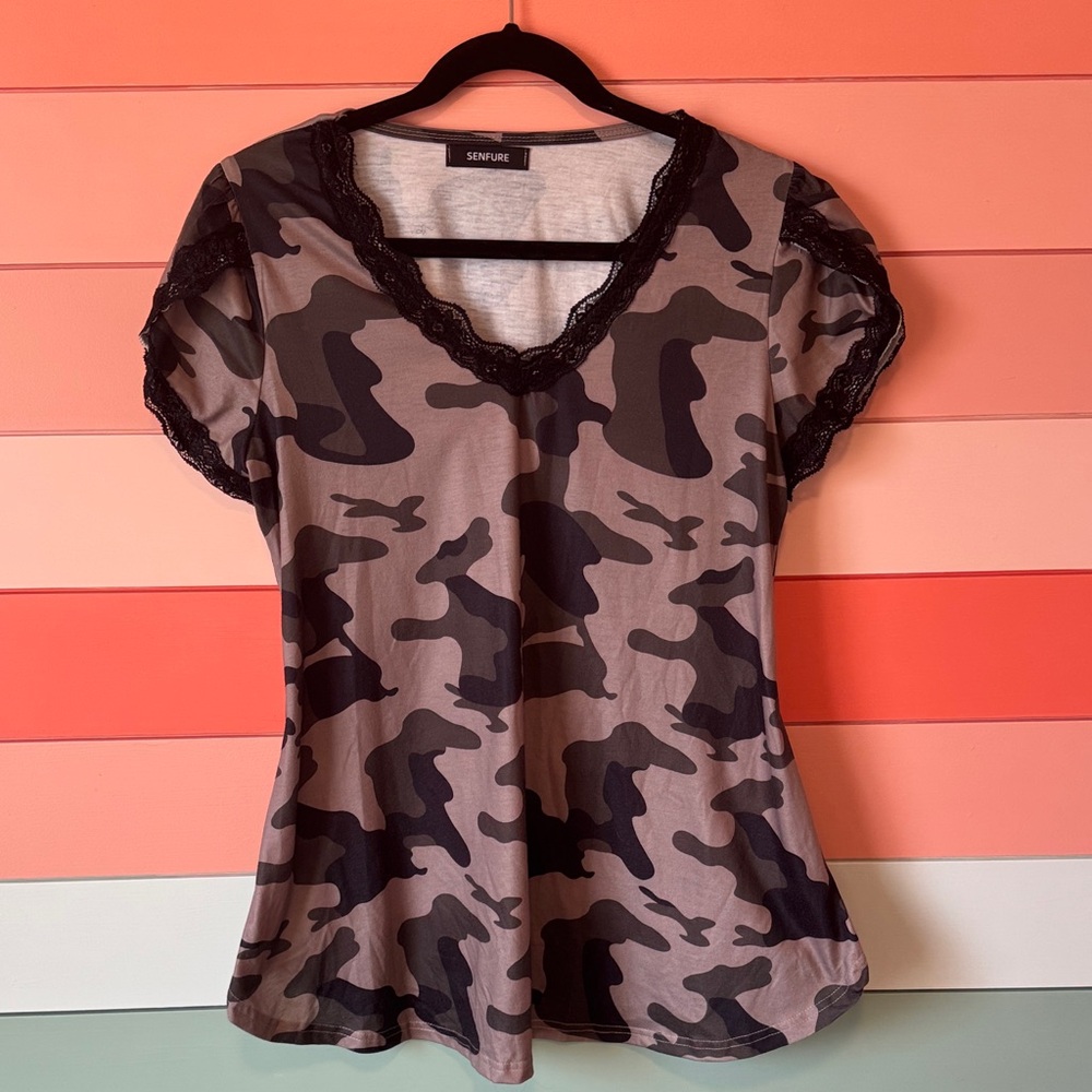 Senfure Black and Gray Camouflage Lace Trim Top